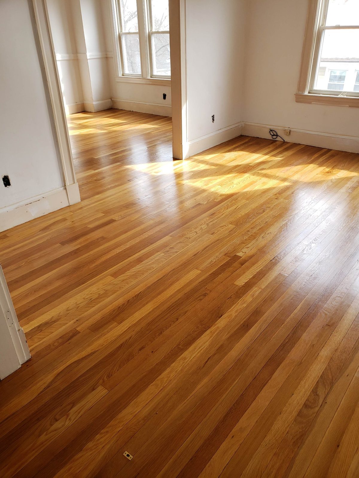 The same rooms with the hardwood floors refinished to a gloss finish in afternoon light